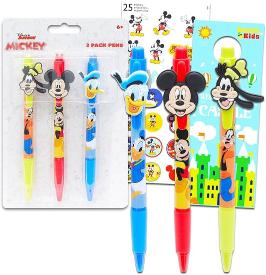 Disney Mickey Mouse Pen Set - 3 Pc Mickey, Donald, Goofy Ballpoint Pens Gift Bundle for Kids Plus Stickers, More | Mickey and Friends School Supplies, Office Supplies