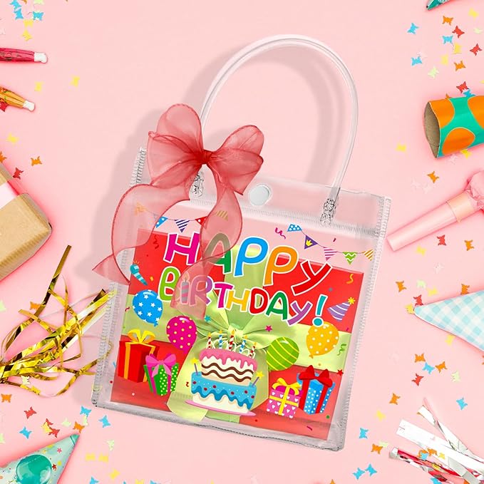 H1vojoxo Birthday Party Gift Bags - 24PCS Happy Birthday Clear PVC Gift Bags with Handles 10 Yards Red DIY Bow Ribbon 7.9x7.9x3.1 Inches Reusable Clear PVC Birthdays Gift Wrap Tote Bag for Kids Adults