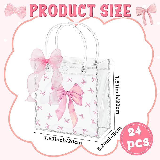 H1vojoxo Pink Bow Gift Bags - 24PCS Clear PVC Gift Bags with Handles DIY Ribbon Coquette Bow knot Reusable Transparent Tote Bag for Girls Birthday Baby Shower Weeding Bridal Engagement Party