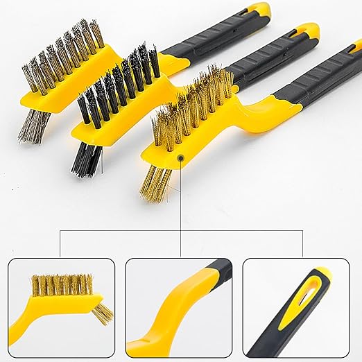 Wire Brush Set, 6 Pcs Brass/Stainless Steel/Nylon Wire Brushes for Cleaning with Curved Handle Grip for Rust Removal, Dirt, Paint Scrubbing