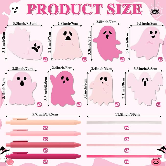 Bright Color Sticky Note - 72pcs Christmas Pink Ghost Super Sticky Note Pads Pen Ribbons Set Sticking Power Memo Pads School Supplies Office Product Page Markers Clean Removal Strong Adhesive