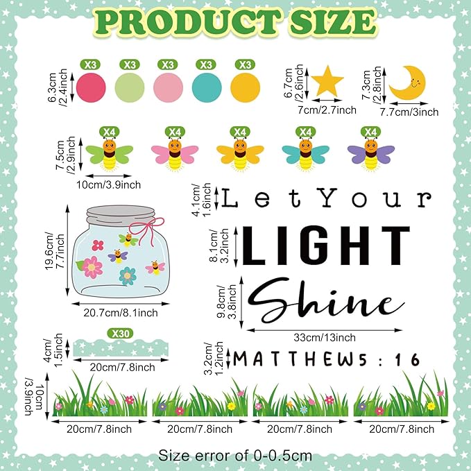 Kosiz 96 Pcs Let Your Light Shine Church Bulletin Board Religious Christian Classroom Bulletin Board Wall Decor Firefly Jar Cutouts for Sunday School Classroom Supplies Wall Decor