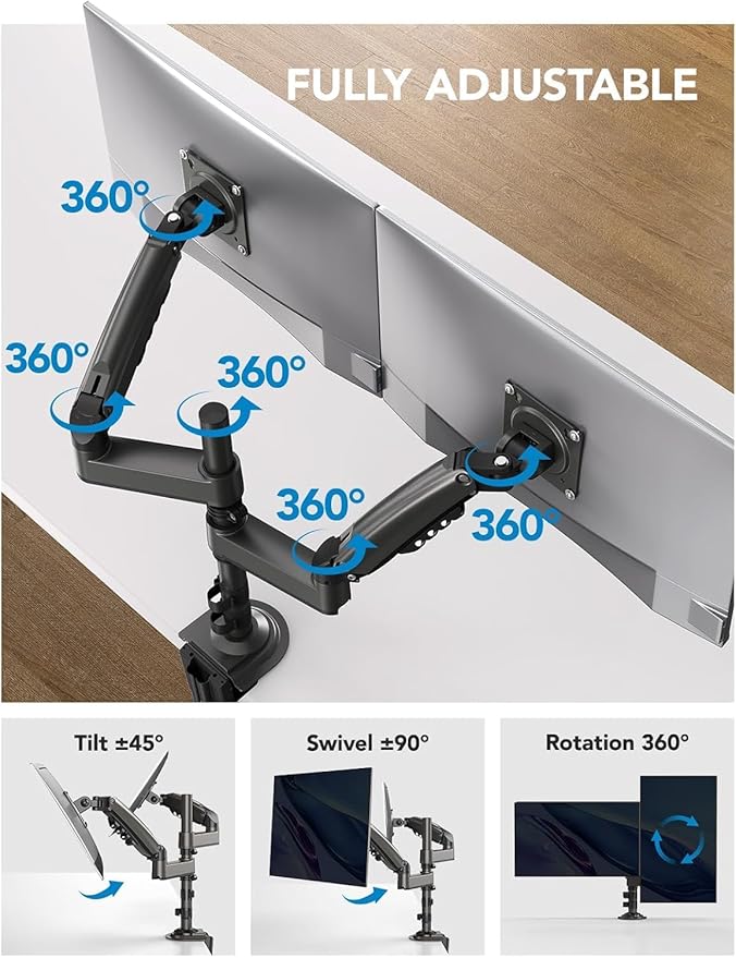 HUANUO 17-32 Inch Dual Monitor Stand, NITROGLIDE™ Dual Monitor Mount, Monitor Stand 2 Monitors, Ergonomic Adjustable Tilt/Swivel/Rotate, Weight Max 19.8 lbs, VESA 75/100mm