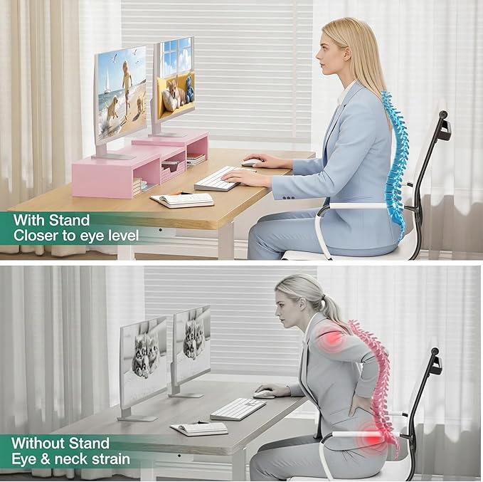 OPNICE Desk Organizers and Accessories, Dual Computer Monitor Stand Riser with Drawer, Office Decor for Women, Office Desk Accessories & Workspace Organizers, Pink