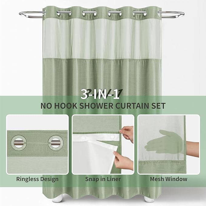 Extra Long No Hook Shower Curtain with Snap-in Fabric Liner Set,Sage Green Waffle Weave Shower Curtains for Bathroom,Hotel Luxury Decor Bathroom Curtain Set,Waterproof & Washable,71Wx86H