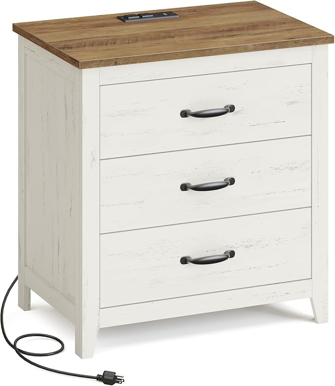 VASAGLE LIRY Collection - Farmhouse Nightstand with Charging Station, Bedside Table, Side End Table with 3 Drawers, for Bedroom, Rustic White and Honey Brown ULET679W01