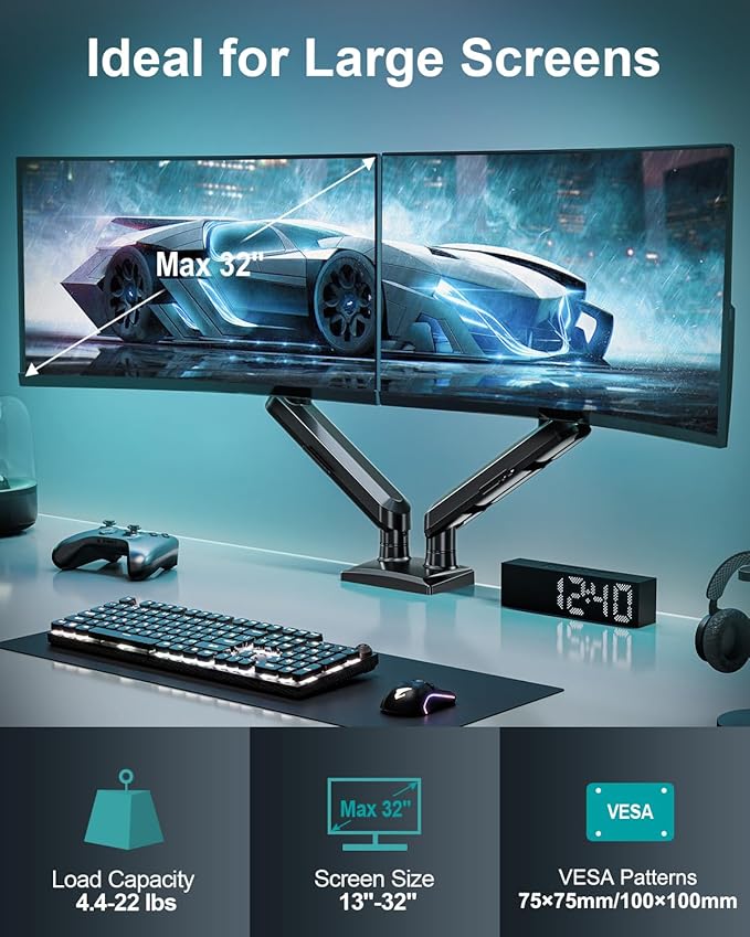 Dual Monitor Desk Mount, 13-32 inch Adjustable Full Motion Monitor Arm, Computer Display Stand Holder with Clamp and Grommet Base, Fits 4.4 to 22lbs Screens, VESA Mount Bracket, Black, Freelift Pro