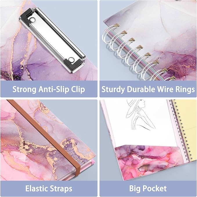 Rimilak Spiral Clipboard Folio with Refillable Lined Notepad, 14.5 x 9.8 in, Hardcover Cover with 5 Interior Pockets, Elastic Band and Pen Loop Series. Cute Stylish Clipfolio, Pink Gold Marble