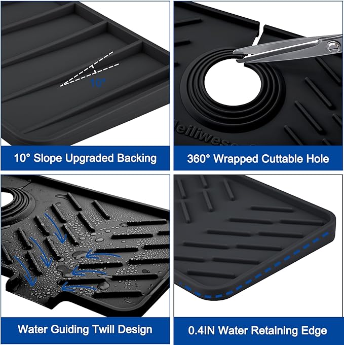 Meiliweser Silicone Faucet Mat for Kitchen Sink – Gen 3 10° Slope Splash Guard with Cuttable Hole – 14” x 5.5” Drip Catcher & Sponge Holder for Kitchen, Bathroom (Black)