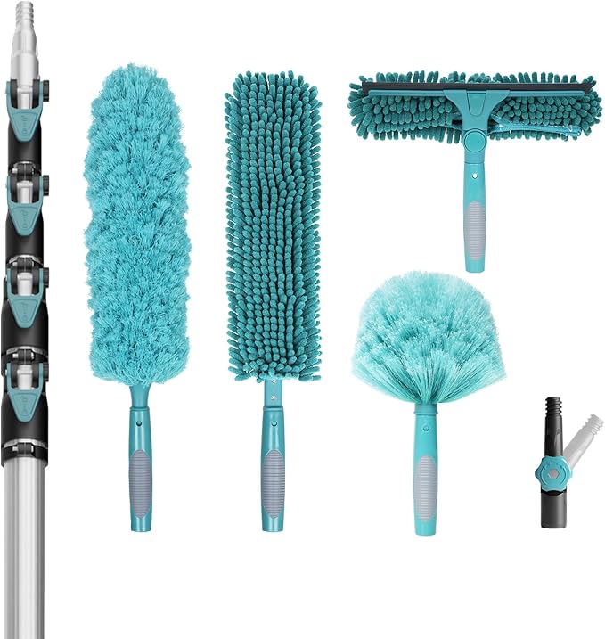 36 Foot High Reach Duster Kit with 7-30FT Extension Pole High Ceiling Dusting and Window Cleaning Kit with Telescopic Pole Window Washer&Squeegee,Cobweb Duster,Fan Duster and Feather Duster
