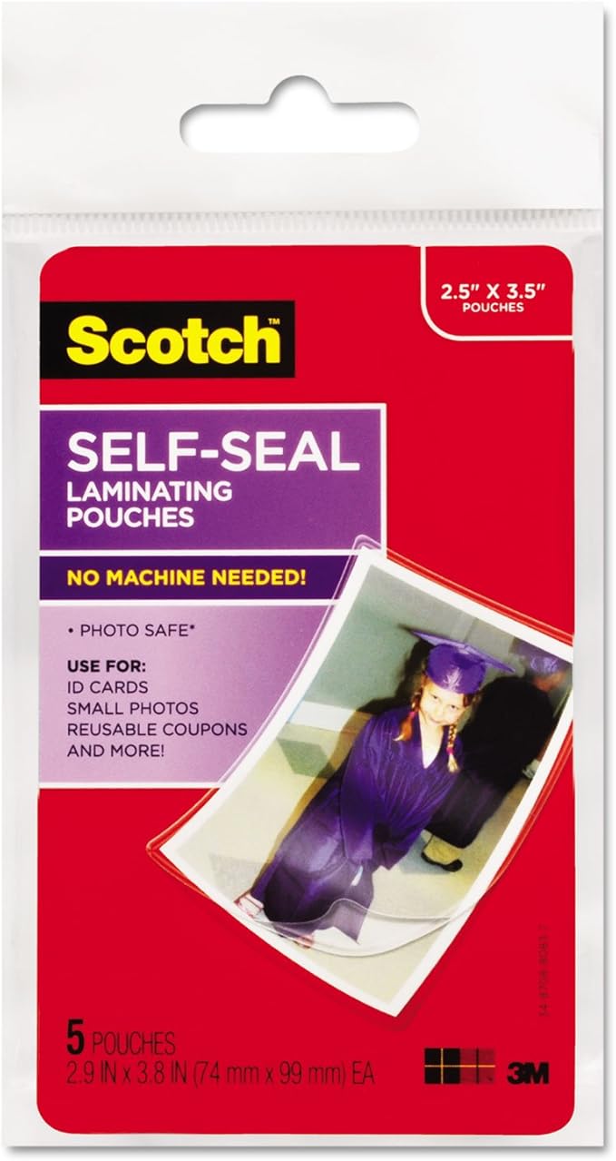 Scotch Self-Sealing Laminating Pouches, Wallet Size (Approx. 2.8″ x 3.8″ Inner) – 5 Pack, Clear Permanent Self Lamination for ID Cards & Photos