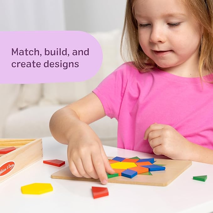 Melissa & Doug Pattern Blocks and Boards with 120 Multi-Colored Wooden Shape Tiles, 5 Double-Sided Puzzle Boards, Tangram Puzzles, Montessori Toys for Girls & Boys
