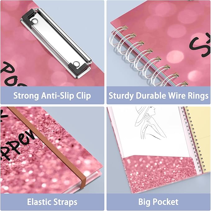 Rimilak Spiral Clipboard Folio with Refillable Lined Notepad, 14.5 x 9.8 In, Hardcover Cover with 5 Interior Pockets, Elastic Band and Pen Loop Series. Cute Stylish Clipfolio, Work Hard
