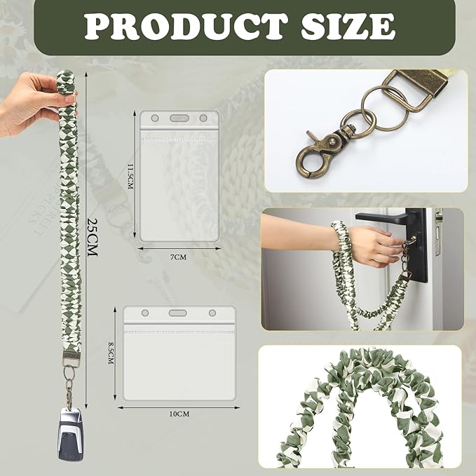 Marspark 2 Set Scrunchie Lanyards with 4 Card Holders for ID Badges and Keys Cute Stretchy Scrunchie Neck and Wrist Lanyards for Teacher Women Nurses School Office Supplies(White Green, Checked)