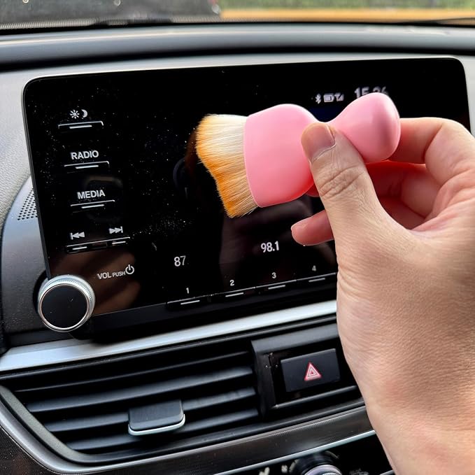 Car Detailing Brush, Soft Bristle Cleaning Brush, Scratch-Free Auto Duster Tool for Dashboard, Air Vents, Leather & Interior Cleaning (Pink&Brown)