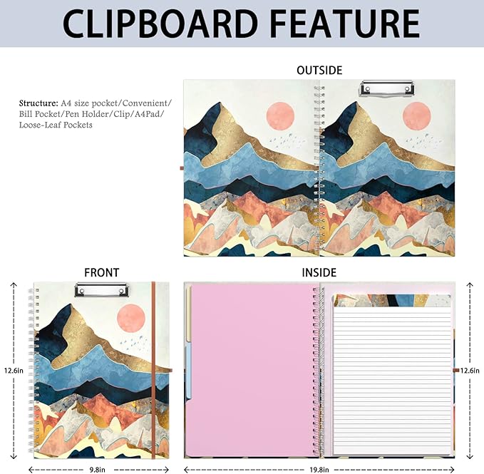 Rimilak Spiral Clipboard Folio with Refillable Lined Notepad, 14.5 x 9.8 In, Hardcover Cover with 5 Interior Pockets, Elastic Band and Pen Loop Series. Cute Stylish Clipfolio, Watercolor Sunset