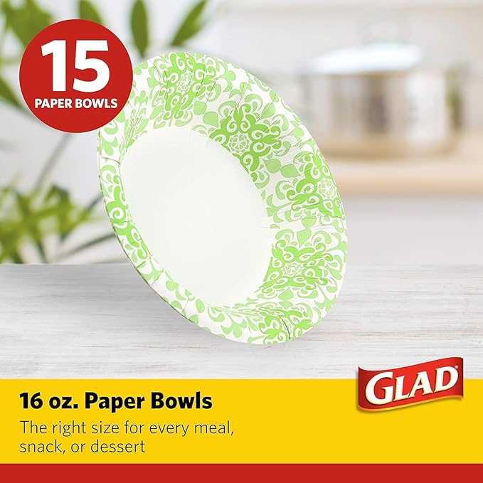Glad Round Disposable Paper Bowls, Green Victorian Design - Heavy Duty, Soak Proof, Cut-Resistant, Microwavable Bowl for All Foods & Daily Use, 16 Oz, 15 Count - 2 Pack