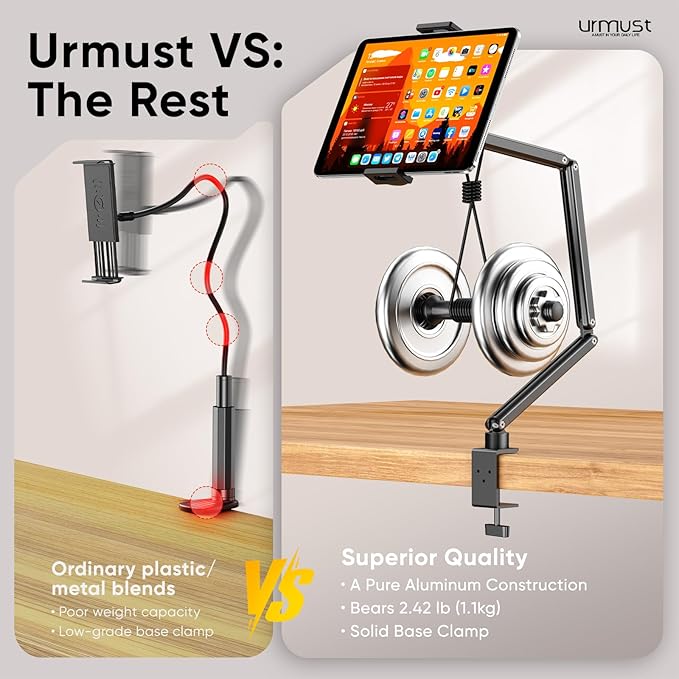 Urmust Tablet Stand for Desk, Adjustable iPad Holder Clamp Mount, 360° Rotation, Sturdy Aluminum Tablet Arm Mount for 4.7"-15.6" iPad Pro/Air/Mini, iPhone, Galaxy Tab, for Kitchen, Work, Video Call