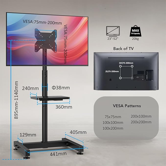 Floor TV Stand with Mount for 13-50 inch Screens, Tilting and Height Adjustable Floor Monitor Stand Mount, Portrait to Landscape, Portable TV Stand with Shelf Holds up to 77lbs Max VESA 200x200mm
