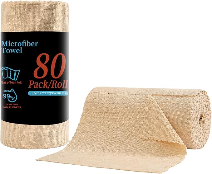 80 Pack Microfiber Cleaning Cloth Roll,Lint Free Rags & Tear Away Reusable Towels Washable Scratch,Ultra Absorbent Dish Rags(12" x 12") for Car Kitchen Home Garage-Apricot Yellow