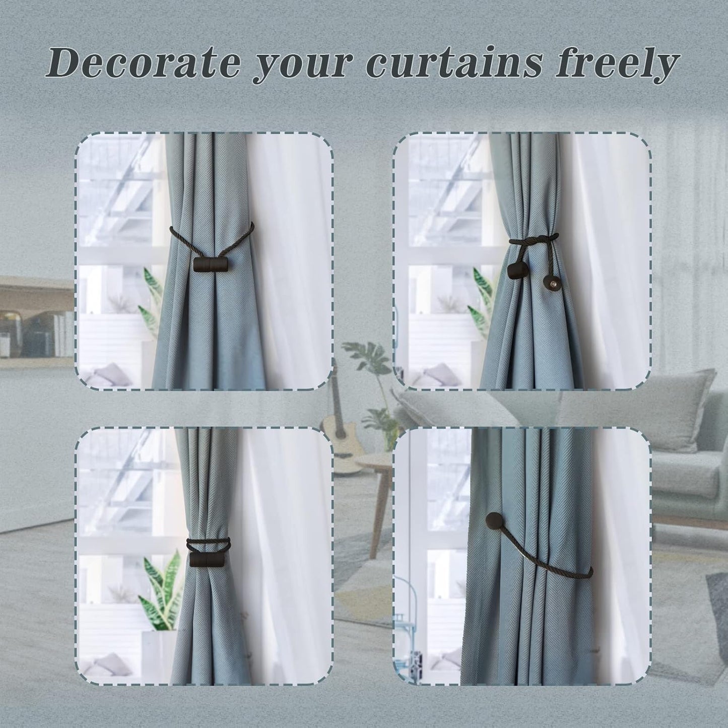 Hion Magnetic Curtain Tiebacks Black 4 Pack, Curtain Tiebacks Buckles Holdbacks Holders Hooks Clip for Home Bedroom Office Decorative Thick or Thin Curtain