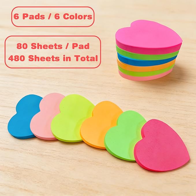 Heart Sticky Notes - 6 Pads Valentines Gifts | Valentines Party Favors Supplies for Women - Post Notes Stickers for Galentines - Teacher Must Have Desk Accessories for Classroom Office,80 Sheets/Pad