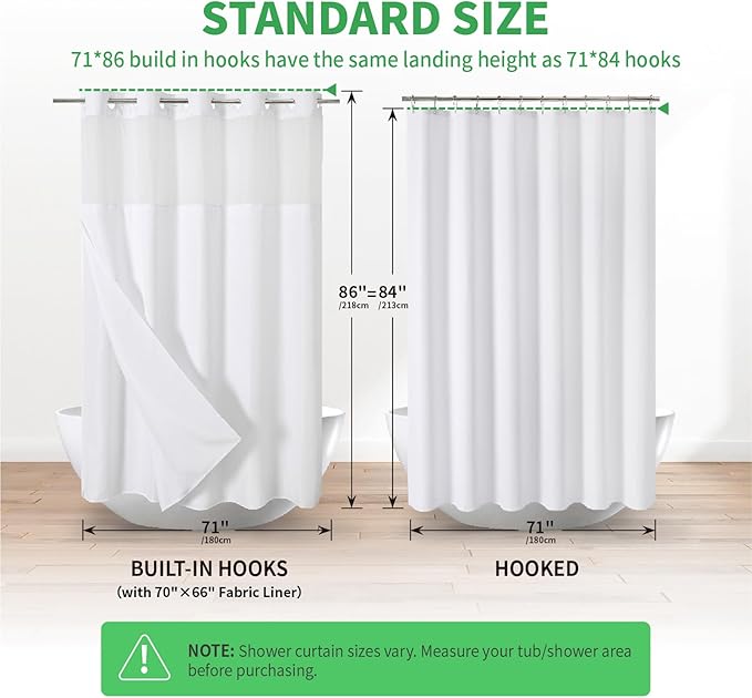Extra Long No Hooks Needed Linen Textured Shower Curtain with Snap-in Fabric Liner Set,White Hotel Luxury Decor Shower Curtains for Bathroom,Waterproof & Washable,71Wx86H