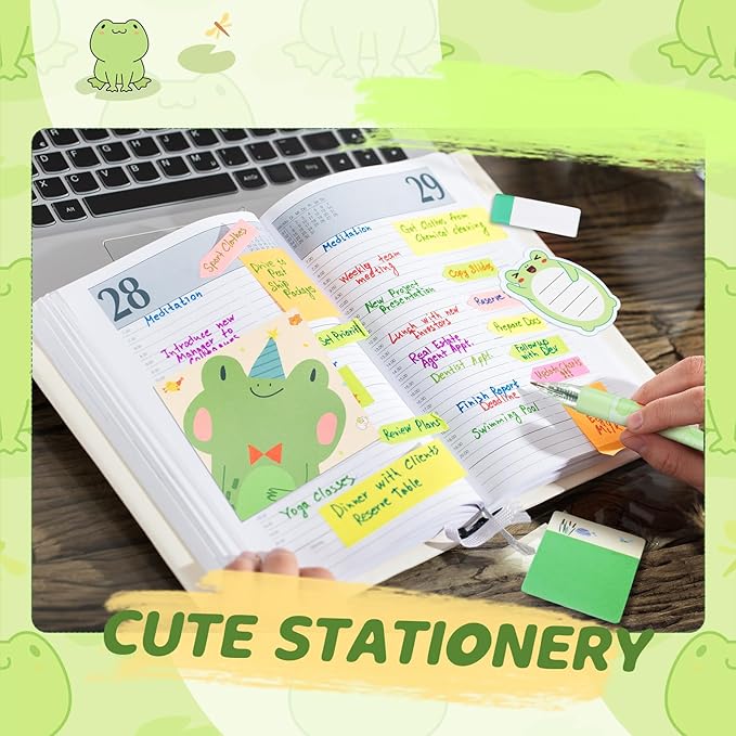 Crtin 69 Pcs Cute Sticky Notes Set,Cartoon Pen, Stickers, Paperclip, Sticky Memos Office & Party Favors(Frog)