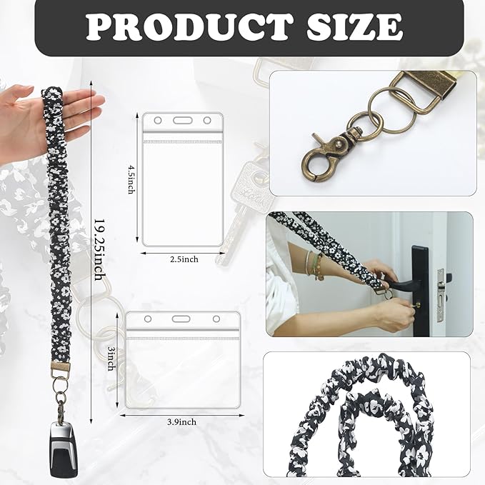 Marspark 2 Set Scrunchie Lanyards with 4 Card Holders for ID Badges and Keys Cute Stretchy Scrunchie Neck and Wrist Lanyards for Teacher Women Nurses School Office Supplies(Black, White Floral)