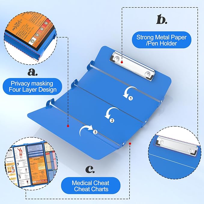 Nursing Clipboard Foldable-4 Layers Aluminum Nurse Foldable Clipboard Nursing Medical Edition Cheat Sheets, Pocket Size Pen Clip for Nurses Students School and Doctors- Blue