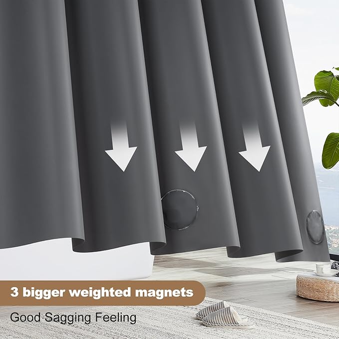 UFRIDAY Dark Grey Short Shower Curtain Liner Premium PEVA 72 x66 inch,Heavy Duty Shower Curtain with 3 Weighted Magnets, Plastic Waterproof Grey Shower Curtains for Bathroom with 12 Hooks