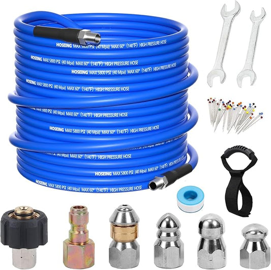 100FT Pressure Washer Sewer Jetter Kit, 5800 PSI Water Jet Drain Cleaner Hose with Corner Rotating Button Nose Nozzle, 1/4 Inch NPT, Kit Includes Sewer Jetting Nozzles and Spanner Handle Strap