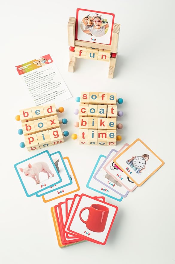 Montessori Reading Blocks & Flash Cards Set – Learn to Read CVC Word Games for Toddlers 2-4 – Short Vowel Spinning Rods, Phonics Toys, Reading Montessori Toys for 4 Year Old for Preschool & Homeschool