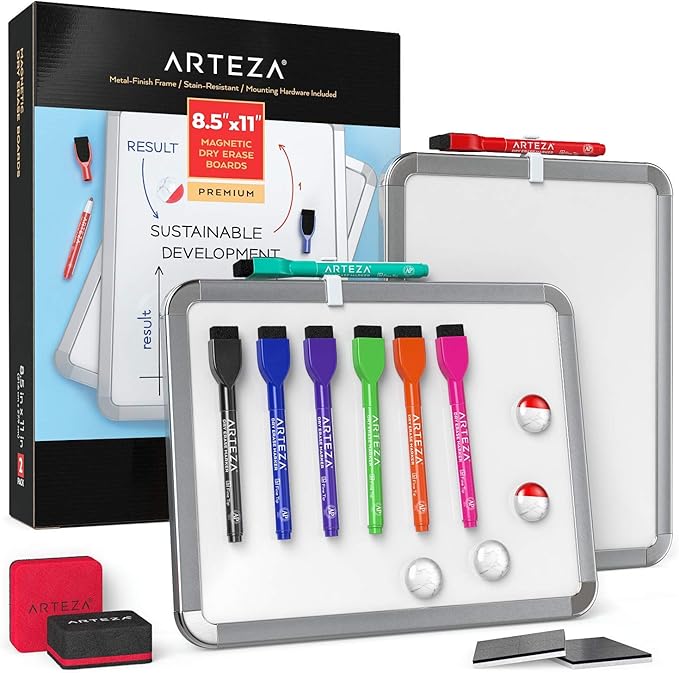 ARTEZA Magnetic White Board Set, 2-Pack 8.5x11 Dry Erase Boards with Markers & Magnets, for Wall, Fridge, Office, Planning & Classroom Use