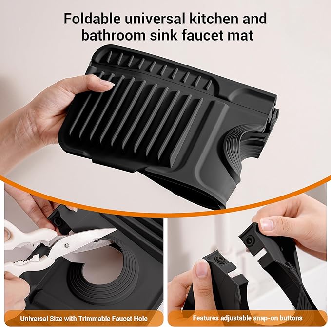 Faucet Mat for Kitchen Sink, 14"X5.5" Silicone Sink Splash Guard with Soap Holder, Snap-On Design & 7°slope Fast Drain, Folding Sink Faucet Mat for Universal Kitchen Bathroom Sink（Black）