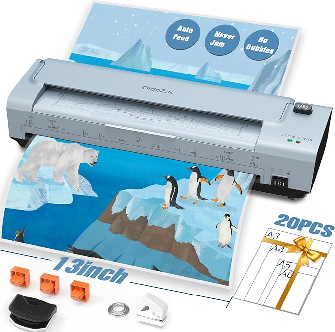 13 Inch Laminator Machine with 20 Laminating Sheets, 11x17 Hot & Cold laminator for Teachers 10 in 1 with Auto Paper Feed, Never Jam Technology Personal Laminator for Home Office School