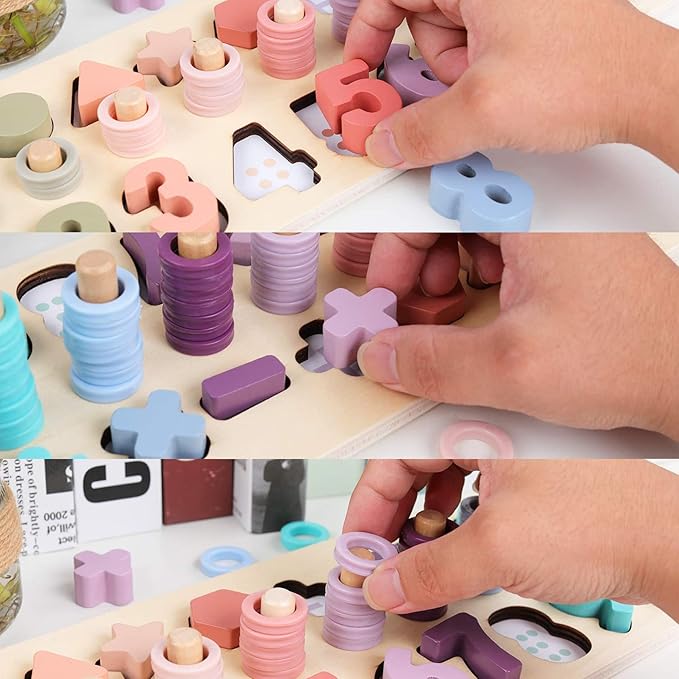QZMTOY Counting Shape Stacker Wooden Count Sort Stacking Tower with Wood Colorful Number Shape Math Blocks for Kids Preschool Educational Toddlers Toy