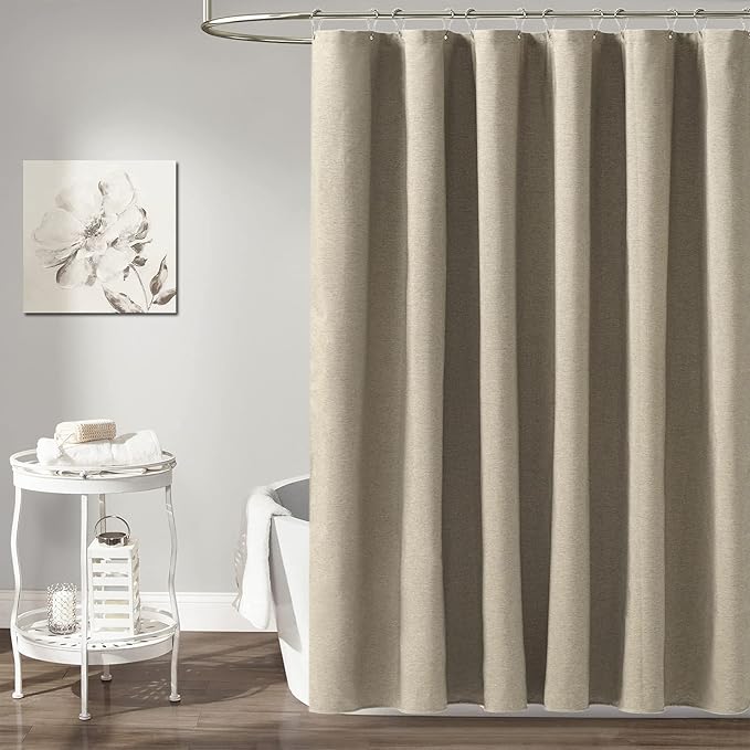 BTTN Stall Fabric Shower Curtain - 60x72 Inch Linen Textured Heavy Duty Cloth Bath Curtain Set with 10 Plastic Hooks, Narrow Waterproof Neutral Curtains for Bathroom Showers and Bathtubs - Khaki/Tan