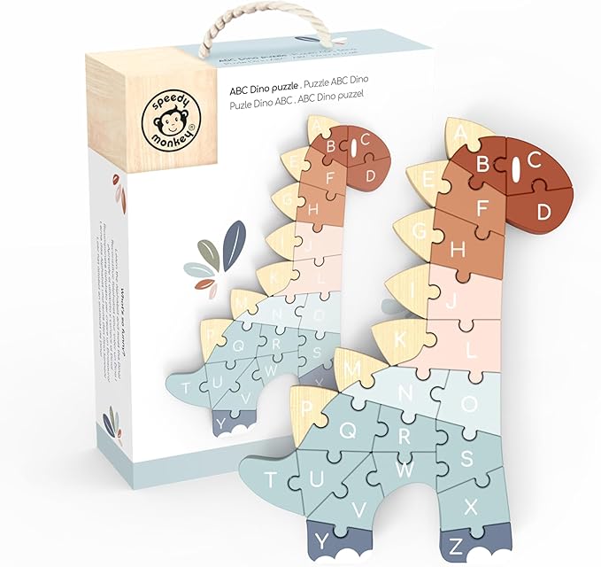 SPEEDY MONKEY ABC Dino Puzzle – Wooden Alphabet Animal Puzzle for Kids, FSC Certified Dinosaur Puzzles Activity, Colorful ABC Play – Learning Toy for Toddlers, Preschool Letter Recognition