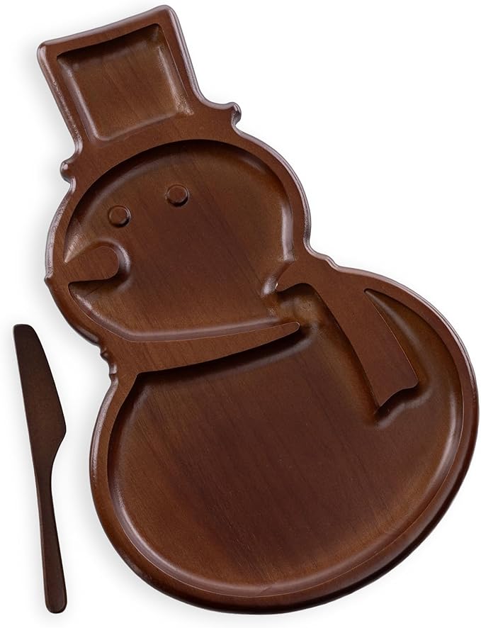 Picnic TIME Reversible Christmas Snowman Serving Tray with Knife, Holiday Appetizer Tray, Charcuterie Board, Cutting Board, (Stained Parawood)