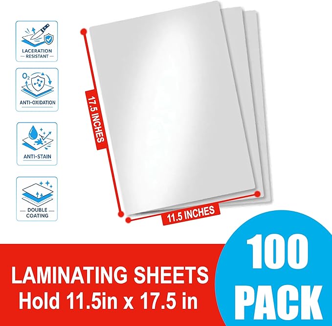 5MIL Thermal Laminating Sheets (100 Count) 11.5x17.5 inch, Legal Size Dry-Erase Friendly Laminating Pouches, Compatible with Laminators, Crystal Clear Laminated Finish