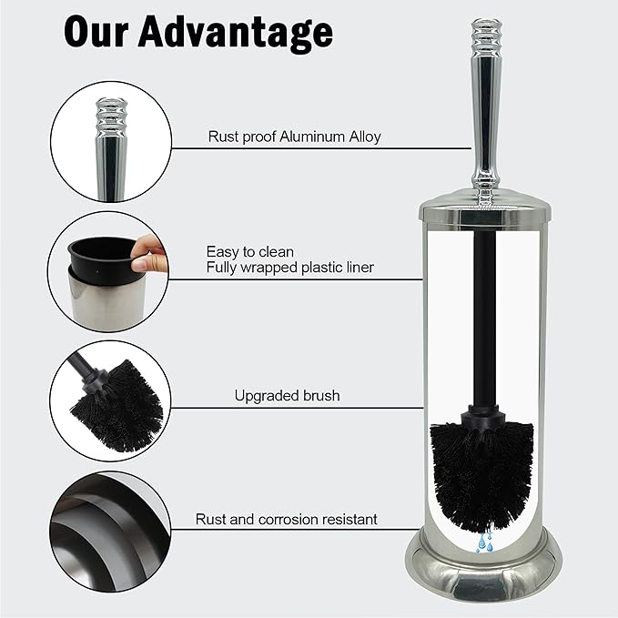 Silver Chrome Toilet Bowl Brush with Holder with Removable lastic Liner, Durable Bathroom Cleaning Tool, Bathroom Cleaner Brush for Efficient Cleaning and Hygiene