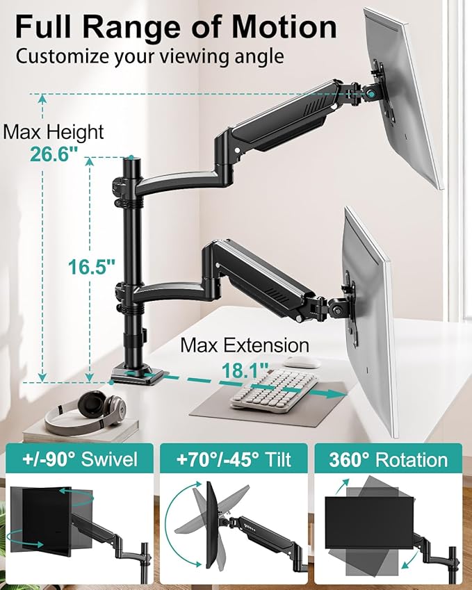 Dual Monitor Stand for Desk, Taller Monitor Arms for 2 Screens up to 32 inch, Ergonomic Adjustable Full Motion Double Computer Monitor Mount, Holds 4.4-22lbs, VESA 75/100mm, Black, Freelift