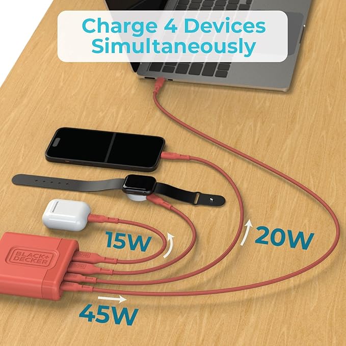 BLACK+DECKER USB C Fast Charger 65W 4 Port Type USB C Charging Station Hub Block TypeC Wall Charger Power Strip Adapter Plug 2 USBC 2 USBA for iPad iPhone 17 16 15 14 Pro Max Pixel Note Galaxy, Coral