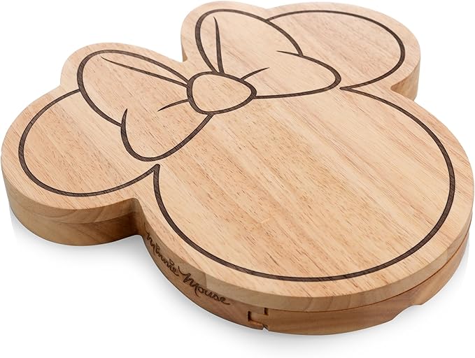 PICNIC TIME Disney Minnie Mouse Head Shaped Cheese Board with Tools, Parawood Charcuterie Board with Recessed Groove and Stainless Steel Utensils (Parawood)
