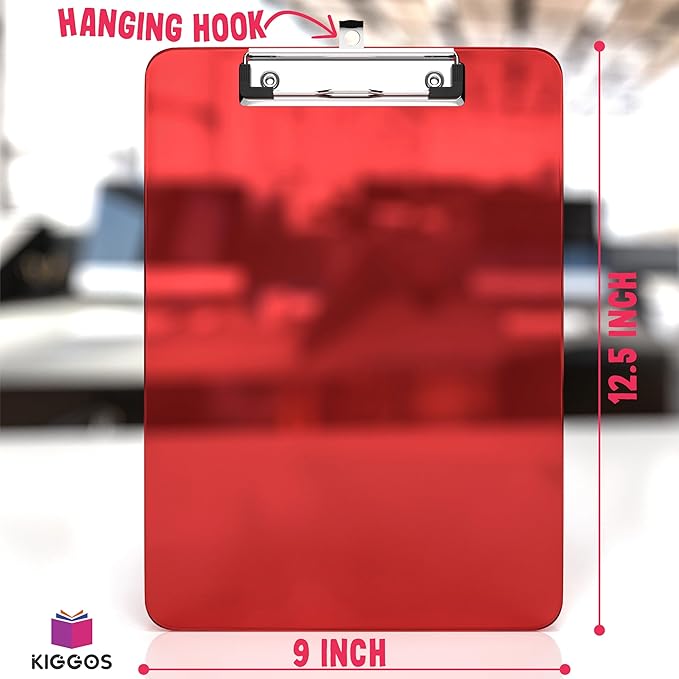 6 Pack Plastic Clipboards Colored Transparent Clear Clip Boards with Low Profile Metal Clip Board 12.5x9 Inch Letter Size Bulk Class Set Acrylic Clip Boards with Hanging Hook - Holds 100 Sheets