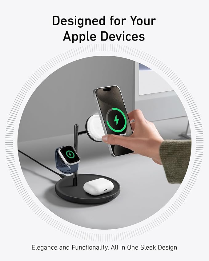 Anker MagSafe Charger Stand Compatible, iPhone 17 MagGo 3 in 1 Wireless Charging Station,Qi2 Certified 15W Wireless Charger, Desk Accessory, for iPhone 16/15/14/13 Series Apple Watch, AirPods
