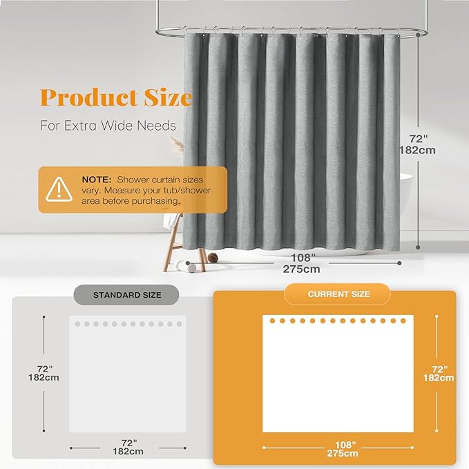 BTTN Extra Wide Shower Curtain - 108x72 Inch Linen Textured Waterproof Fabric Shower Curtain Set with 18 Plastic Hooks, Large Modern Neutral Cloth Shower Curtains for Bathroom and Bathtub - Grey/Gray