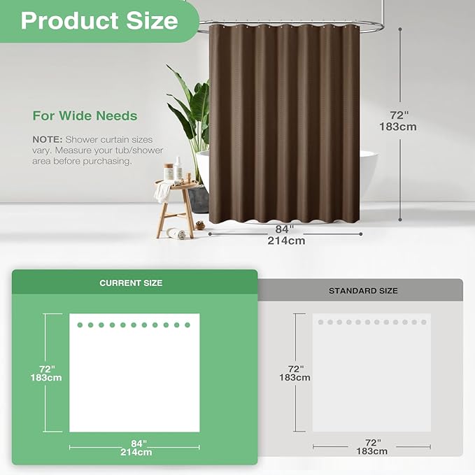 Dynamene Extra Wide Shower Curtain - 84 Inch Wide Waffle Weave Weighted Thick Cloth Bathroom Shower Curtain, Neutral Heavy Duty Hotel Bath Curtain Set with 14 Plastic Hooks, 84x72, Brown