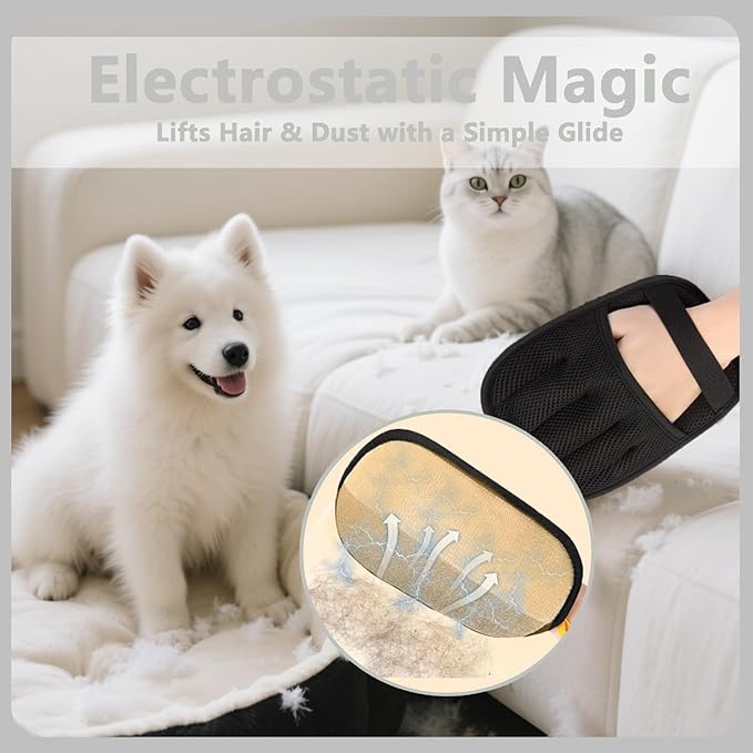 2-Pack Electrostatic Pet Hair Remover Gloves - Reusable Dog & Cat Hair Removal Brush for Furniture,Car Interiors,Bedding and Clothing